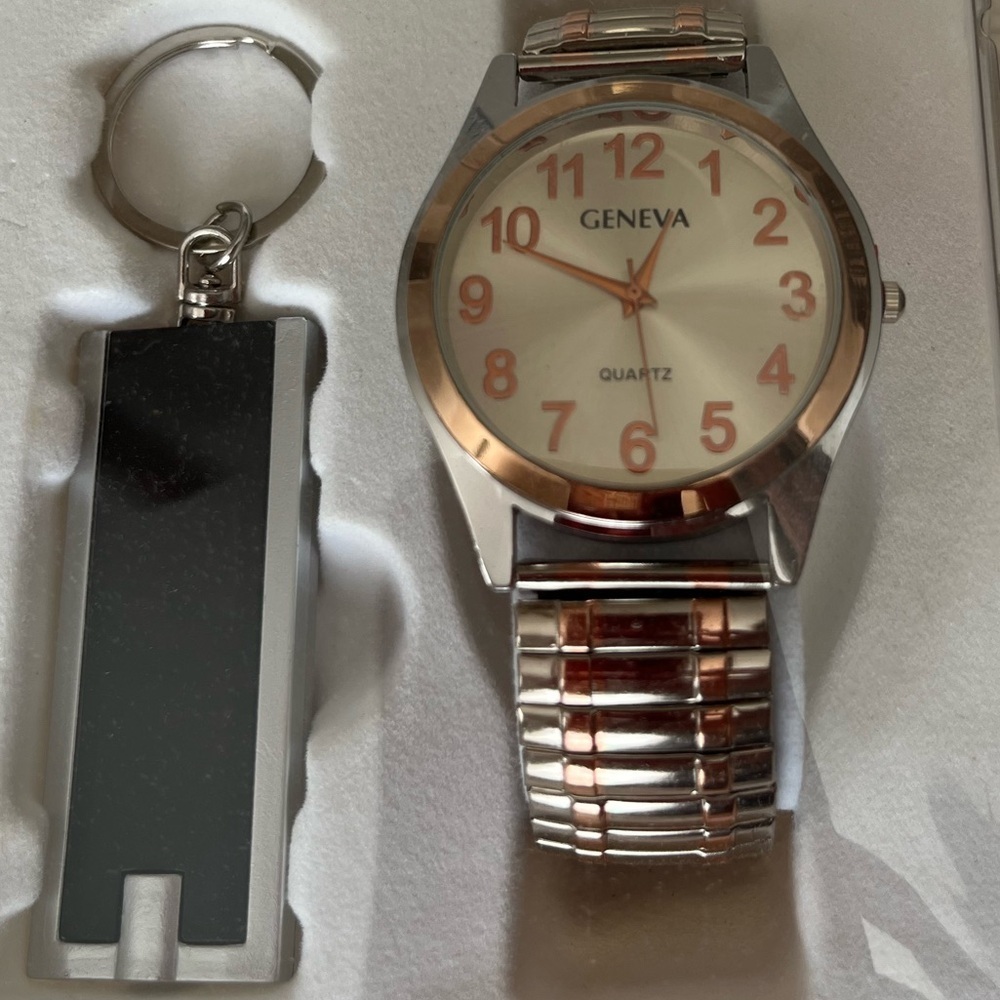 Geneva Two-Tone Silver and Gold Watch with Black Keychain Flashlight - Picture 2 of 3